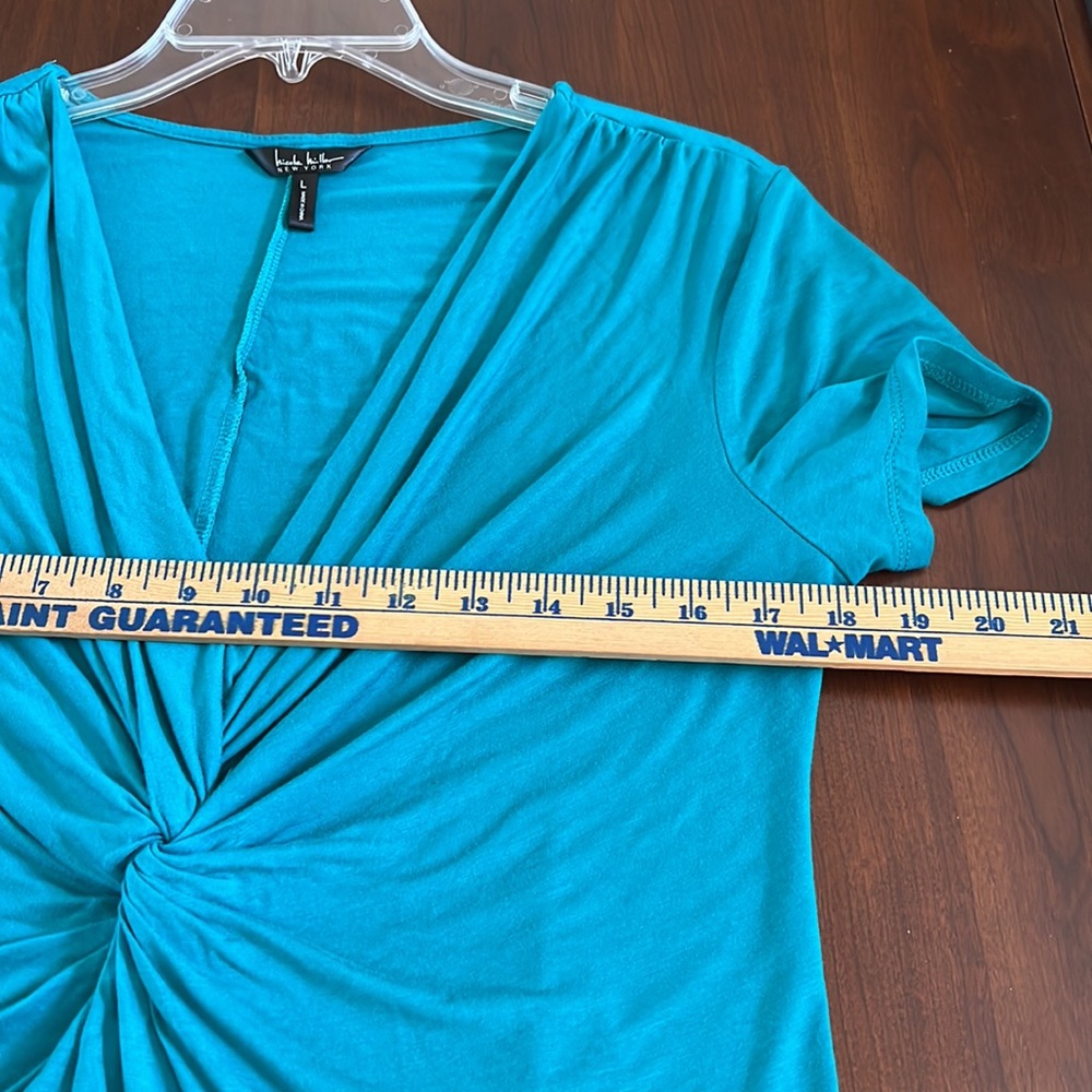 Nicole Miller New York Twisted Knot V Neck Plunge Turquoise Top Size Large - Picture 5 of 9